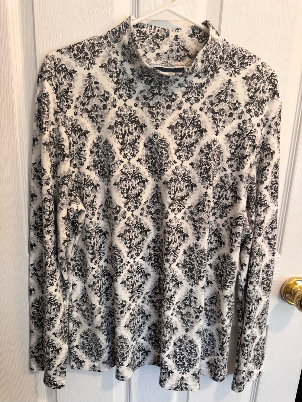 Karen Scott Black & White Turtleneck Sweater with Damask Print